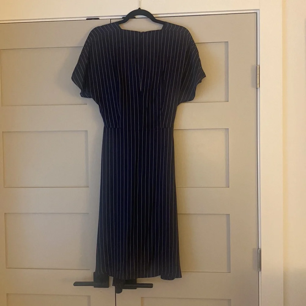 Hugo Boss size 6 draped navy with white pin-stripes dress. - Picture 4 of 5